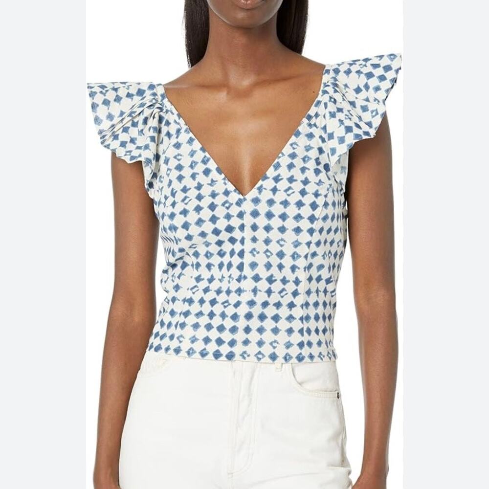 Madewell Blue and White Printed Flutter-Sleeve Crop Top
